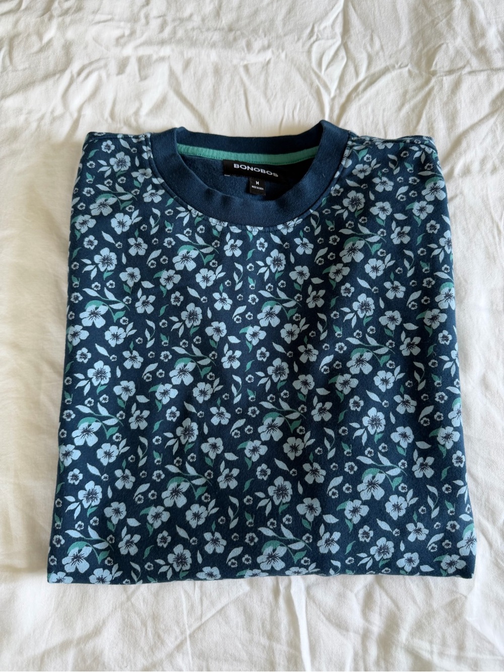 Bonobos Navy Floral Crewneck Sweatshirt with Light Blue and Teal Accents